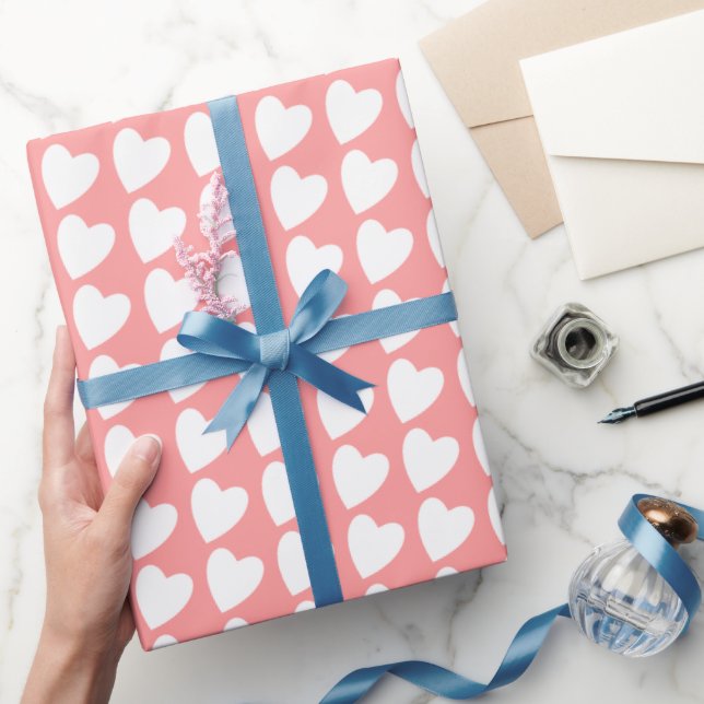 Simple Pink White Heart Pattern Girly Pattern Wrapping Paper (Gifting)
