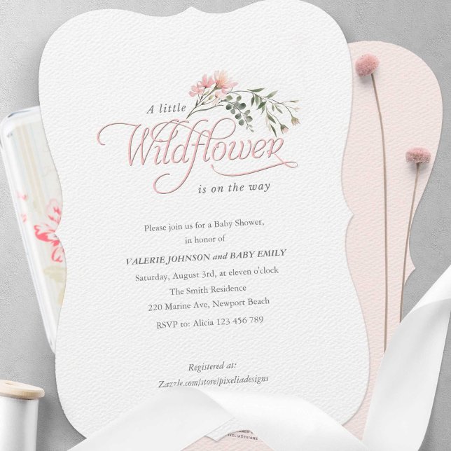 Simple pink Wildflower with elegant calligraphy  Invitation (Simple Elegant Calligraphy, A little wildflower, pink baby girl shower invitation.)
