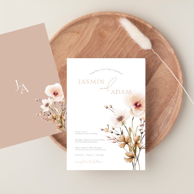 Simple Pink Wildflowers Beige Floral Wedding Invitation (Simple Pink Wildflowers Beige Floral Wedding Invitation)