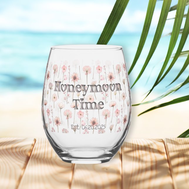 Simple Pink Wildflowers "Honeymoon Time" Stemless Wine Glass (Creator Uploaded)