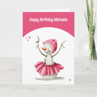 Simple Pink Winter Ballerina Snowman Girl Birthday