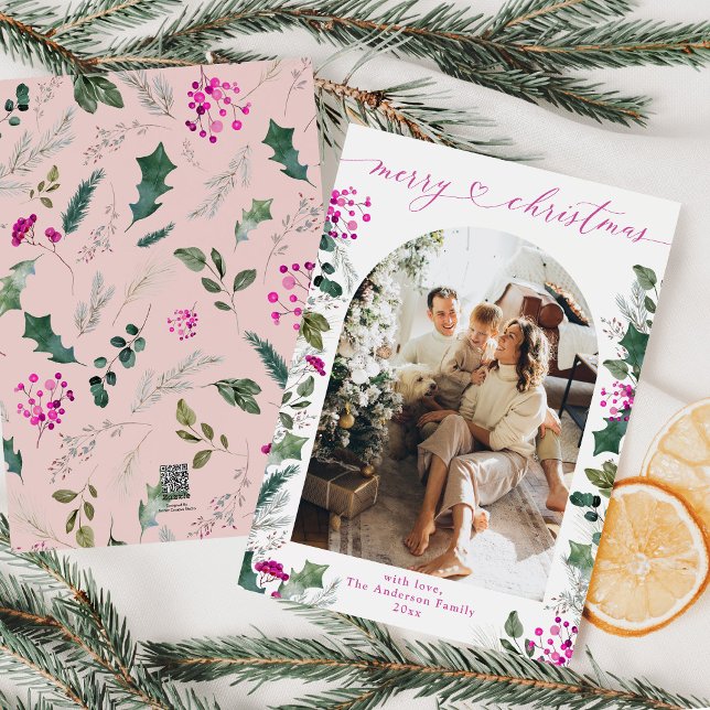 Simple Pink Winter Botanical Photo Christmas Card (Creator Uploaded)