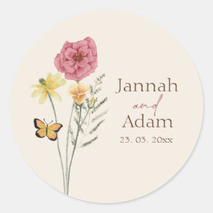 Simple Pink Yellow Wildflower Whimsical Wedding  Classic Round Sticker