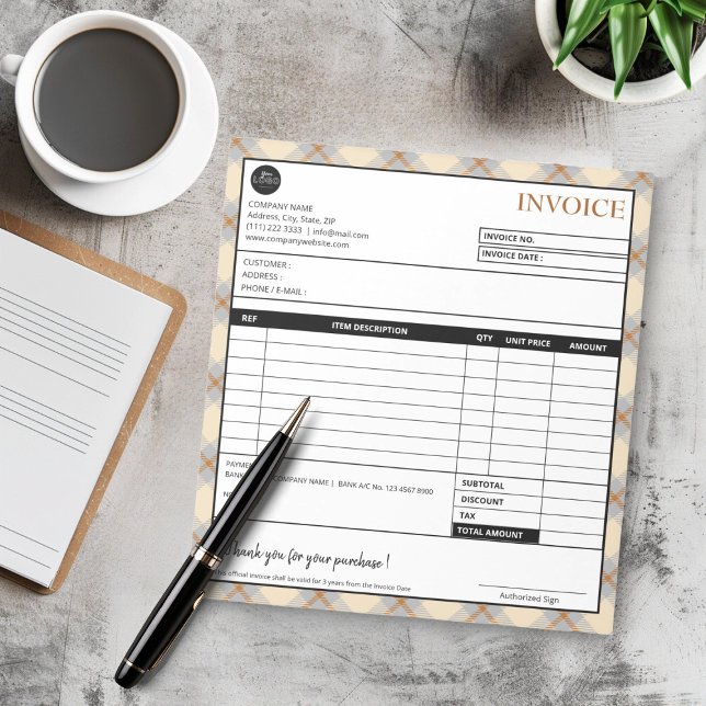 Simple Plaid Border Business Invoice Template Notepad (Simple Peach Plaid Border Business Invoice Template)