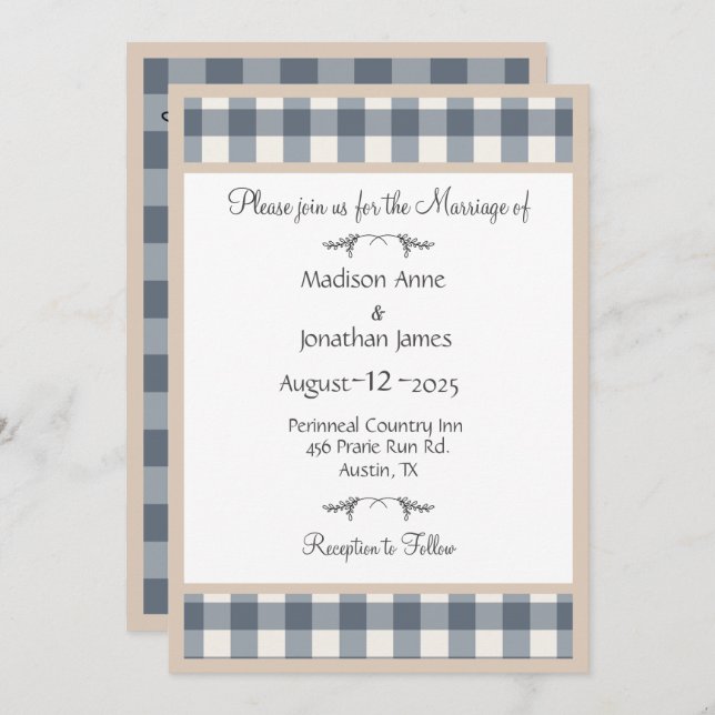 Simple Plaid Gingham Pretty Country Wedding Invitation (Front/Back)