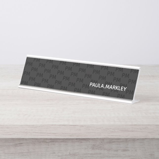 Simple Plain Black Grey Modern Monogram Pattern Desk Name Plate (Front)