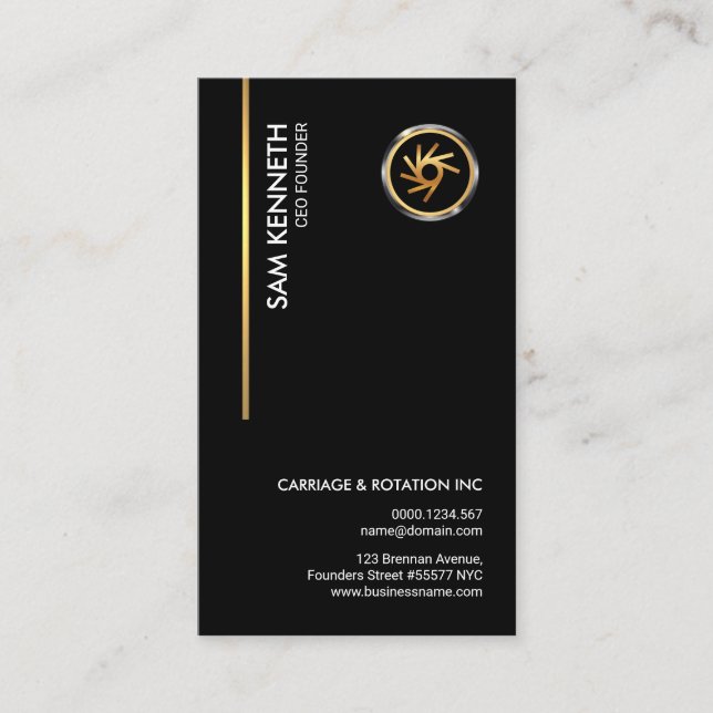 Simple Plain Black Vertical Gold Line Founder CEO Business Card (Front)