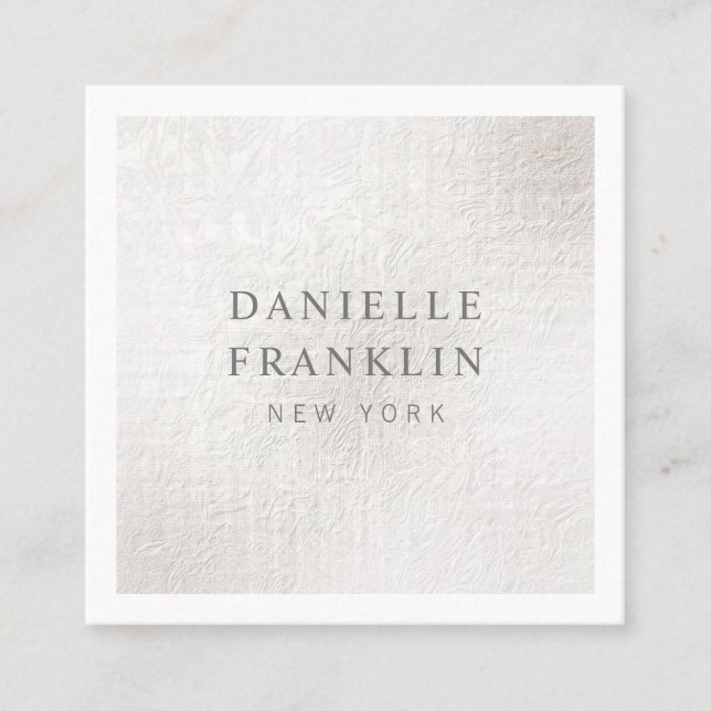 Simple Plain Brushed Silver white border elegant Square Business Card (Front)