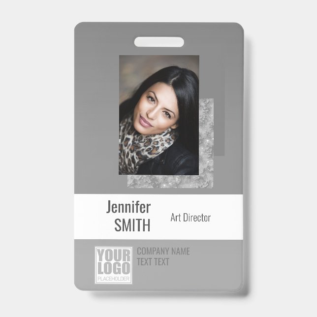 Simple Plain Grey Logo Barcode ID Photo Template Badge (Front)