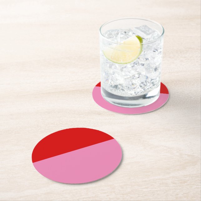 Simple Plain Red and Pink Colorblock Round Paper Coaster (Insitu)