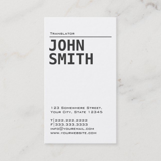 Simple Plain White Translator Business Card (Front)
