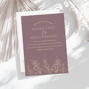 Simple Plum Purple and Gold Leaves Wedding Invitation