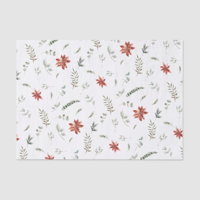 Simple Poinsettia Berry Watercolor Christmas Tissue Paper (Front)