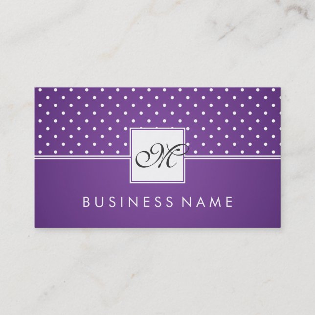 Simple Polka Dot Pattern Monogram Purple Business Card (Front)