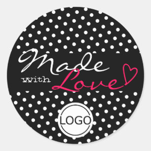 Simple Polka Dots Made with Love Heart Black White Classic Round Sticker