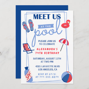 Simple Pool Party 74th birthday invitations 