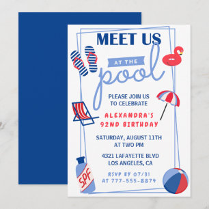 Simple Pool Party 92nd birthday invitations 