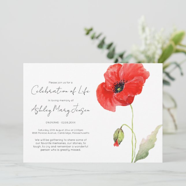 Simple Poppy Celebration of Life Funeral Invitation (Standing Front)