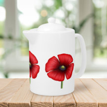 Simple Poppy Flower Red and White Floral Teapot