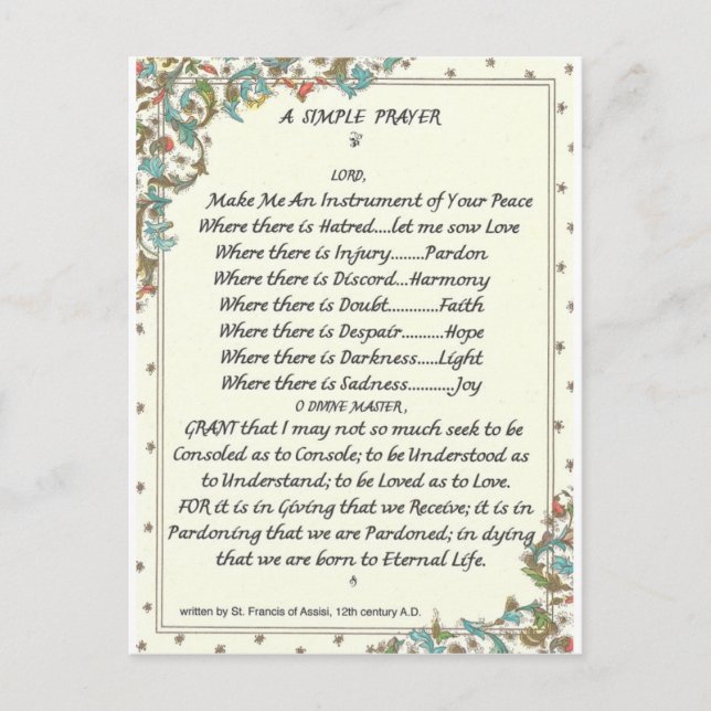simple prayer=st. francis=pope francis=florentine postcard (Front)