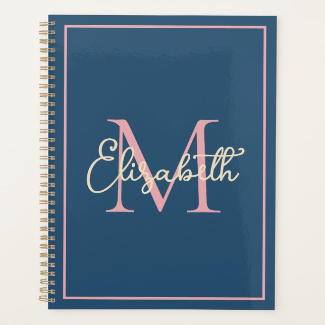 Simple Preppy Navy Pink and Cream Monogram Planner (Front)