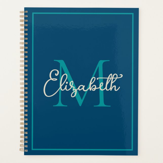 Simple Preppy Navy Teal and Cream Monogram Planner (Front)