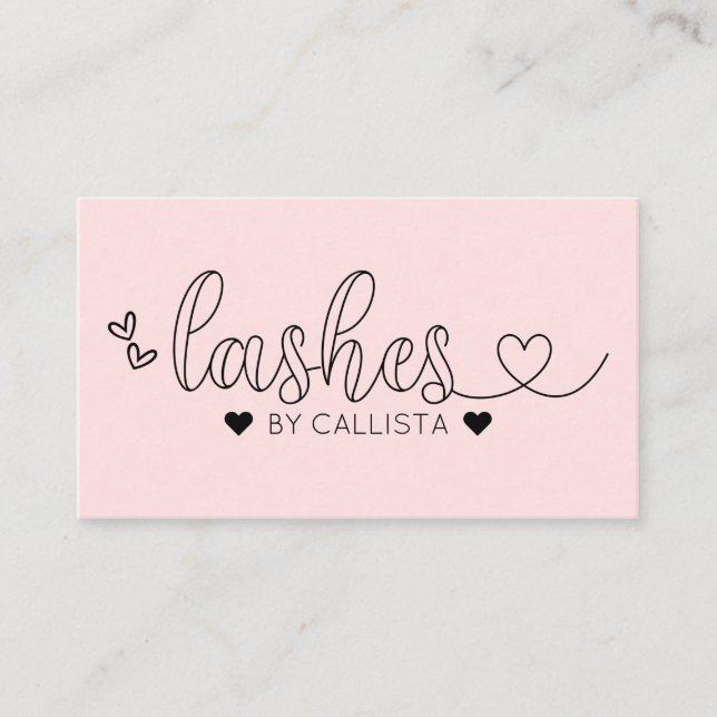 Simple Pretty Pink Hearts Typography Lashes Business Card (Front)