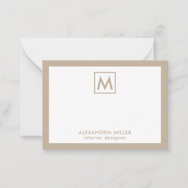 Simple Professional Beige White Monogram Card (Front)