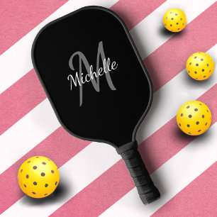 Simple Professional Black and White Monogram Pickleball Paddle