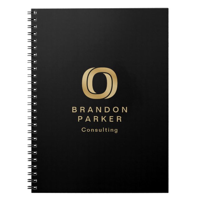 Simple Professional Gold Business Logo on Black Notebook (Front)