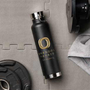 Simple Professional Gold Business Logo on Black Water Bottle