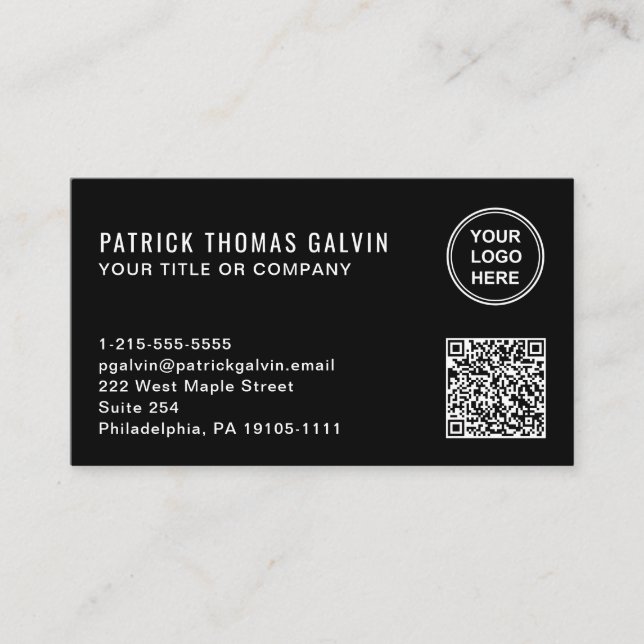 Simple Professional Logo QR Code Black Business Card (Front)