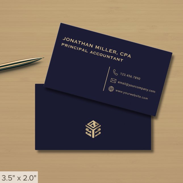 Simple Professional Navy Blue and Gold Business Card (Creator Uploaded)