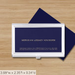 Simple Professional Navy Blue and Gold Business Card Holder<br><div class="desc">Elevate your networking game with this simple, sleek, and professional business card case. The navy blue background features your company name with address, website and contact information in classic golden typography in the lower thirds, adding a touch of sophistication to your business interactions. Stay organised and make a lasting impression...</div>