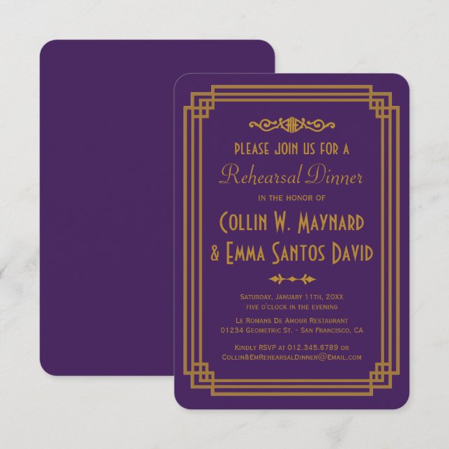 Simple Purple Art Deco Rehearsal Dinner Invites (Front/Back)