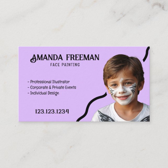 Simple Purple & Black Party Face Painter Business Card (Front)