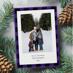Simple Purple Black Plaid  2 Photos Christmas Holiday Card