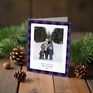 Simple Purple Black Plaid Border 3 Photo Christmas Holiday Card