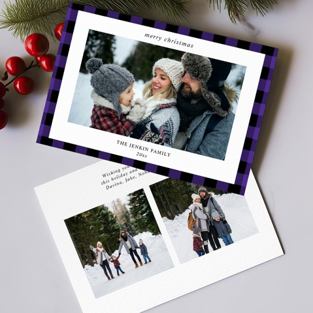 Simple Purple Black Plaid Border 3 Photo Christmas Holiday Card (Creator Uploaded)