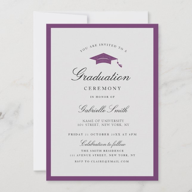 Simple purple border grad ceremony invitation (Front)