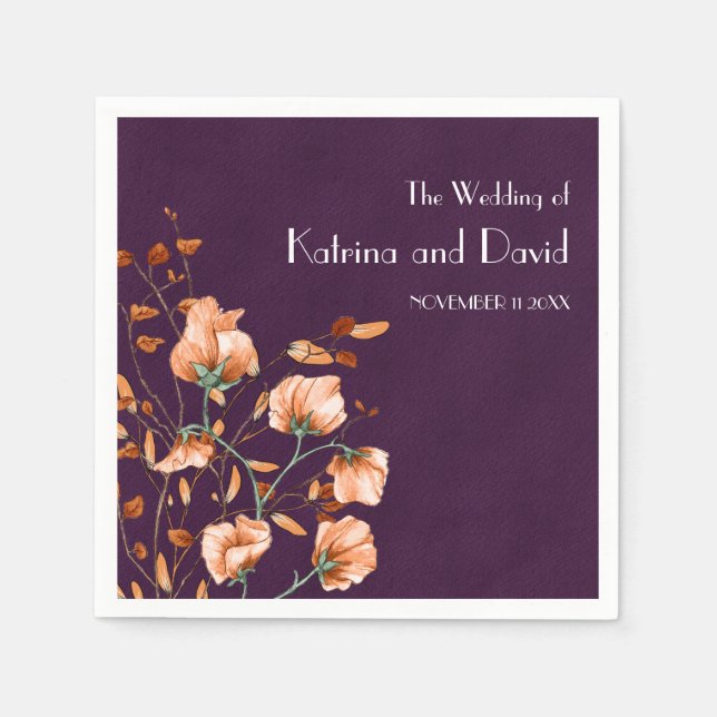 Simple Purple Burnt Orange Floral Fall Wedding Napkin (Front)
