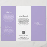 Simple Purple Lavender Contemporary QR Code Modern Flyer<br><div class="desc">Modern and professional purple / lavender trifold brochure flyer featuring a simple and minimal design with your name in an elegant script and contemporary sans serif font. The template includes several divided sections for your services in a minimalist layout. The back has your contact info and optional QR code. If...</div>