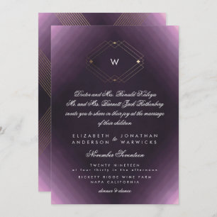 Simple Purple Modern Monogram Script Gold Invitation