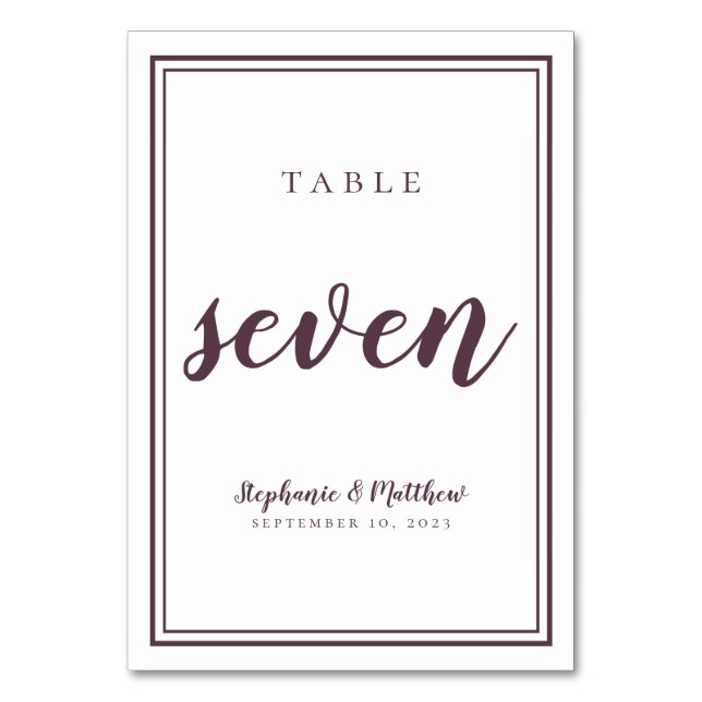 Simple Purple Modern Wedding Table Number Seven (Front)