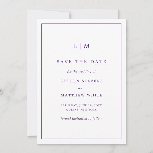 Simple Purple Monogram Elegant Wedding Save The Date (Front)
