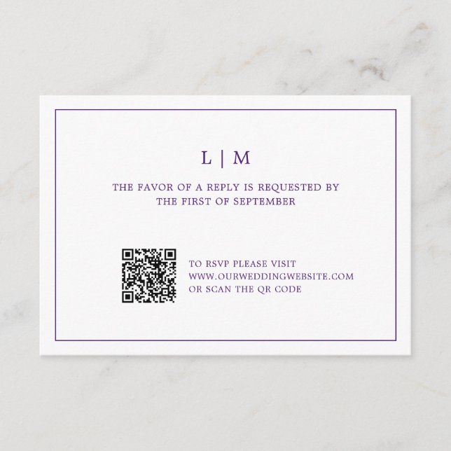 Simple Purple Monogram QR Code Elegant Wedding RSVP Card (Front)