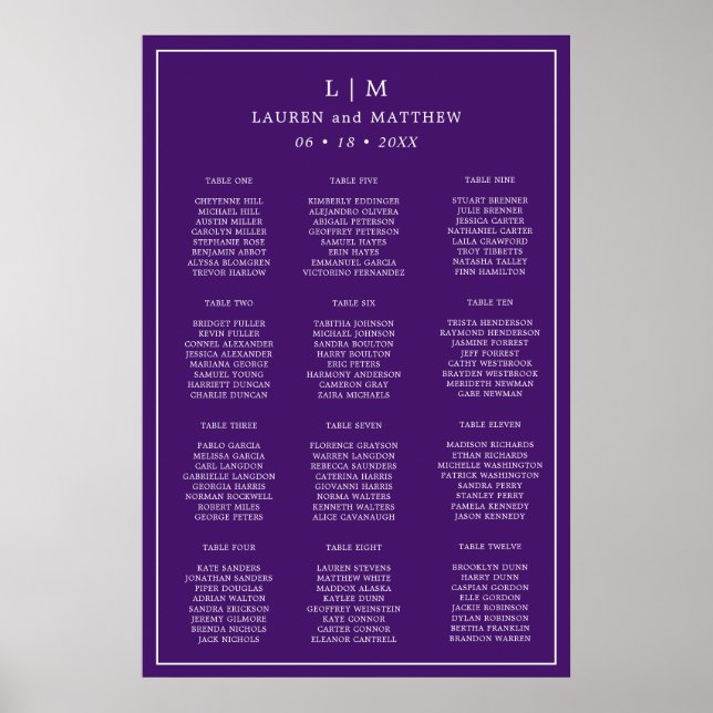 Simple Purple Monogram Wedding Seating Chart (Front)