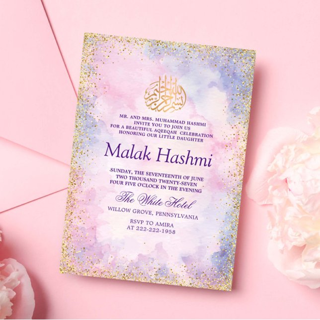 Simple Purple Pink Gliter Islamic Aqiqa Aqeeqah Invitation (Creator Uploaded)