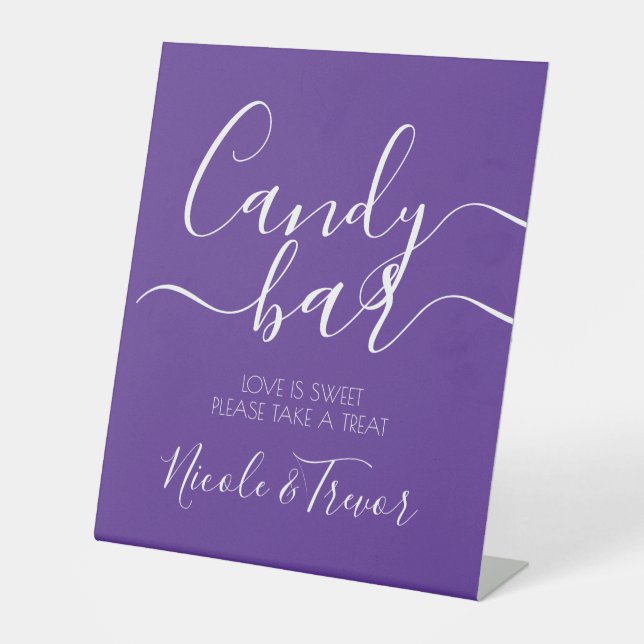 Simple Purple Wedding Candy Bar Pedestal Sign (Front)