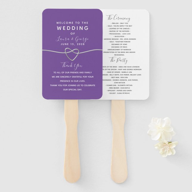 Simple Purple Wedding Program Hand Fan (Front and Back)